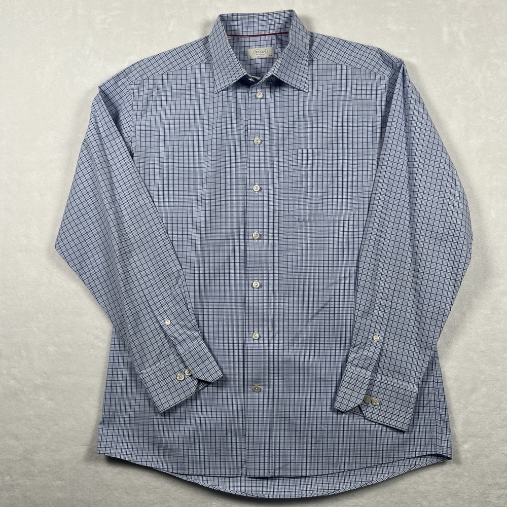 Eton Dress Shirt Men 16.5 - 42 Classic Light Blue Micro Check Button Long Sleeve - Picture 4 of 8